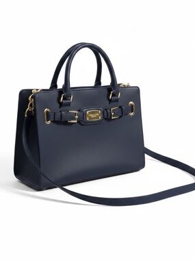 Michael Kors Navy Leather Satchel with Gold Hardware
